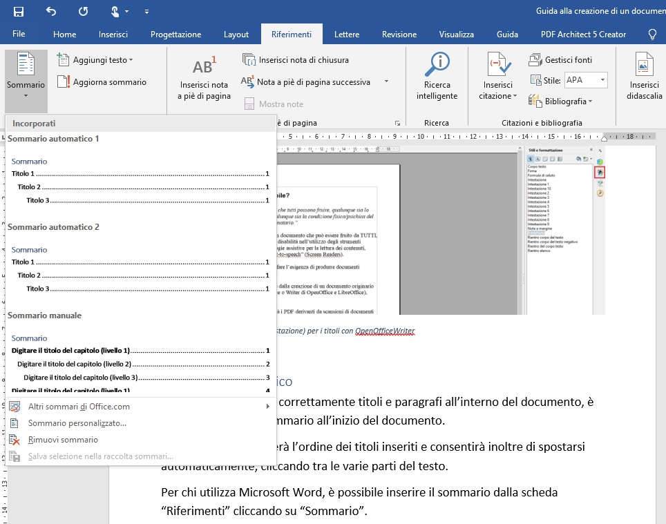 Questa immagine mostra come inserire il sommario all'inizio di un documento creato con Microsoft Word